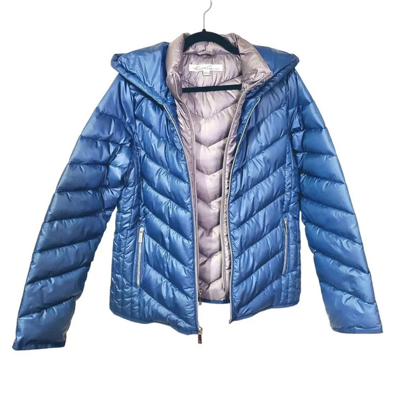 NWT Kenneth Cole Blue Gray Bib Front Zip Hooded Puffer Jacket Petrol L - Picture 3 of 16
